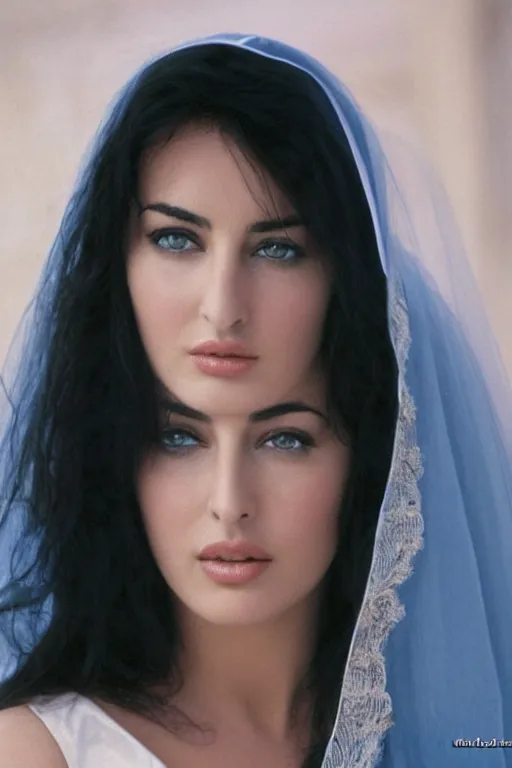 Image similar to young arab Monica Bellucci, blue eyes, long wavy black hair, white veil, closeup, focus face, colored, middle eastern