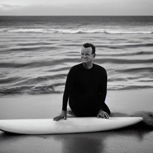 Prompt: tom hanks on a surfboard at the beach, photography, 3 5 mm lens,