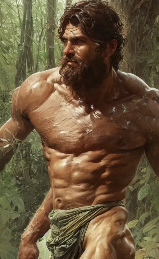 Image similar to god of the forest, 3 0 years old, rugged, male, gorgeous, detailed face, amazing, thighs!!!!!!, muscular, intricate, highly detailed, digital painting, artstation, concept art, sharp focus, illustration, art by greg rutkowski and alphonse mucha