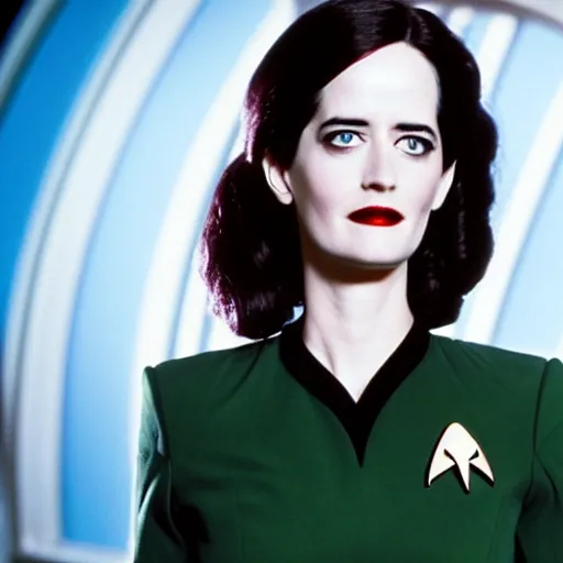 Image similar to a full body photograph of 3 0 year old eva green as a star fleet officer from star trek next generation, extreme realism and detail, 8 k, completely framed, direct lighting, 3 5 mm photo, photorealistic, sharp focus