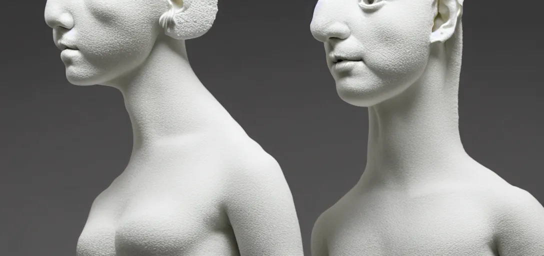 Prompt: symmetry!! full head, shoulders and bust, beautiful female porcelain sphinx body sculpture by daniel arsham and raoul marks, intricate, elegant, highly detailed, digital painting, artstation, concept art, smooth, sharp focus, all white features on a white background, delicate facial features, golden ratio composition,
