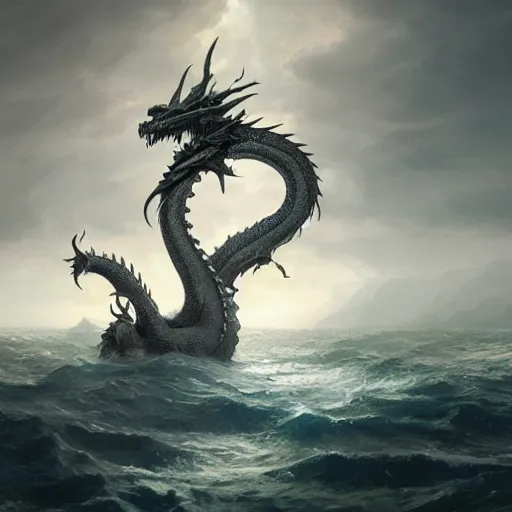 Image similar to A seven-headed dragon with ten horns coming out of the sea, well defined image , digital Art, Greg rutkowski, Trending artstation, cinematographic, hyperrealistic