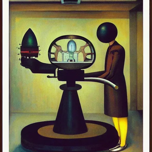 Prompt: mad scientist at a control panel programming a giant robot brain with eye in a gyroscope, grant wood, pj crook, edward hopper, oil on canvas