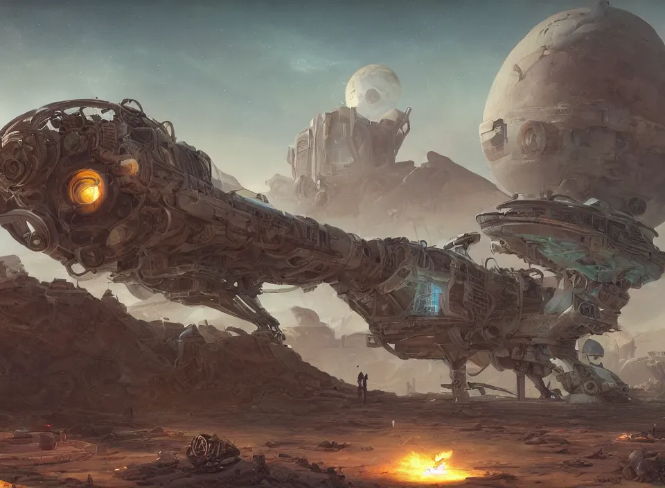 Image similar to colossal crashed dieselpunk space ship on desert planet by peter mohrbacher, firefly, unreal engine 5, extreme detail, hyper realism, realistic shading, cinematic composition, realistic render, octane render, detailed textures, photorealistic, colorful, raytracing