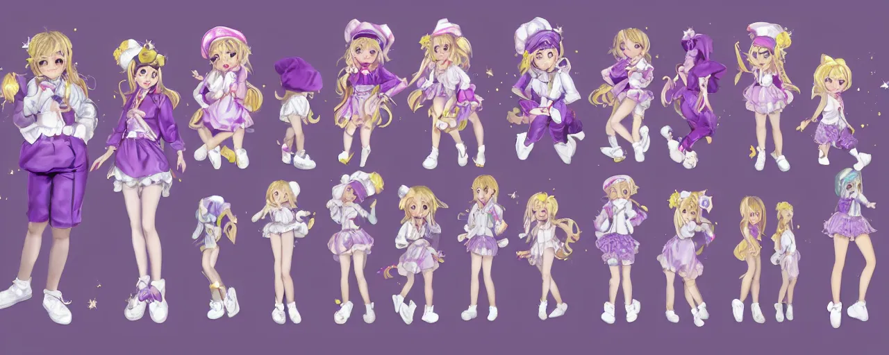 Prompt: A character sheet of full body cute magical girls with short blond hair wearing an oversized purple Beret, Baggy Purple overall shorts, Short Puffy pants made of silk, pointy jester shoes, a big billowy scarf, Golden Ribbon, and white leggings Covered in stars. Short Hair. Sunlit. Haute Couture. Baby the stars shine bright dress. Art by william-adolphe bouguereau and Paul Delaroche and Alexandre Cabanel and Lawrence Alma-Tadema. Smooth. Elegant. Highly Detailed. Intricate. 4K. UHD. Denoise.