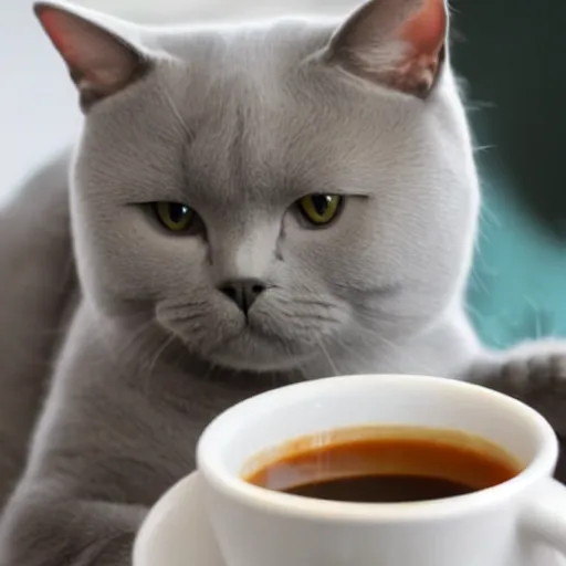 Prompt: photo british shorthair cat with cup of coffee