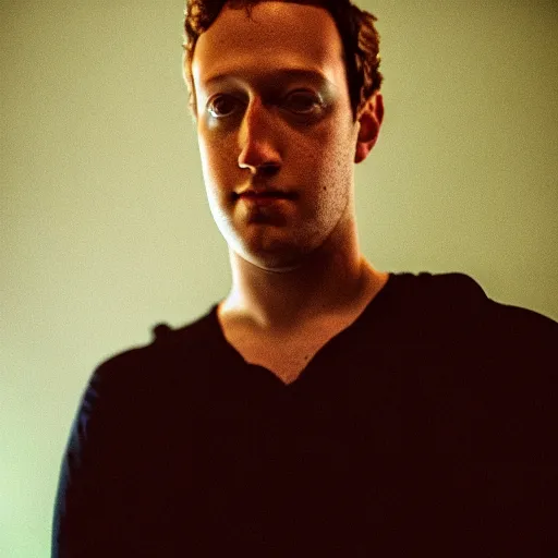 Image similar to close - up portrait of dark zuckerberg, the mind eraser, ominous dramatic low light, gritty high contrast, kodak portra 8 0 0, f 1. 8 8 5 mm zeiss lens