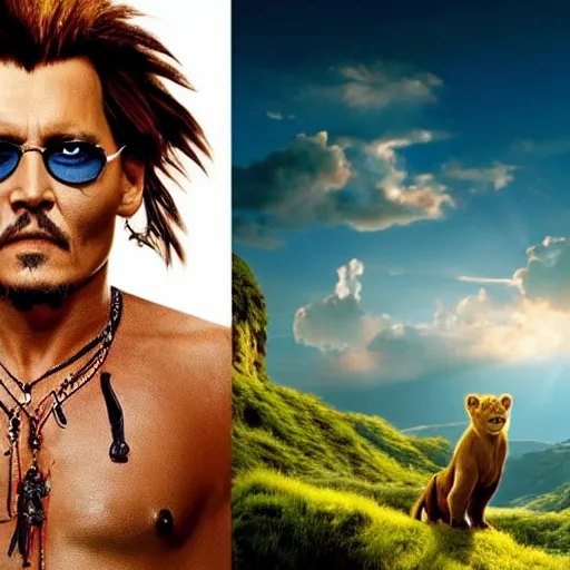 Prompt: johnny depp is the lion king, cgi, cinema, realistic, movie poster