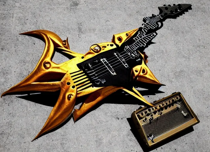 Image similar to metal guitar, goat head, satanic, Guitar, crazy guitar, heavy metal guitar design