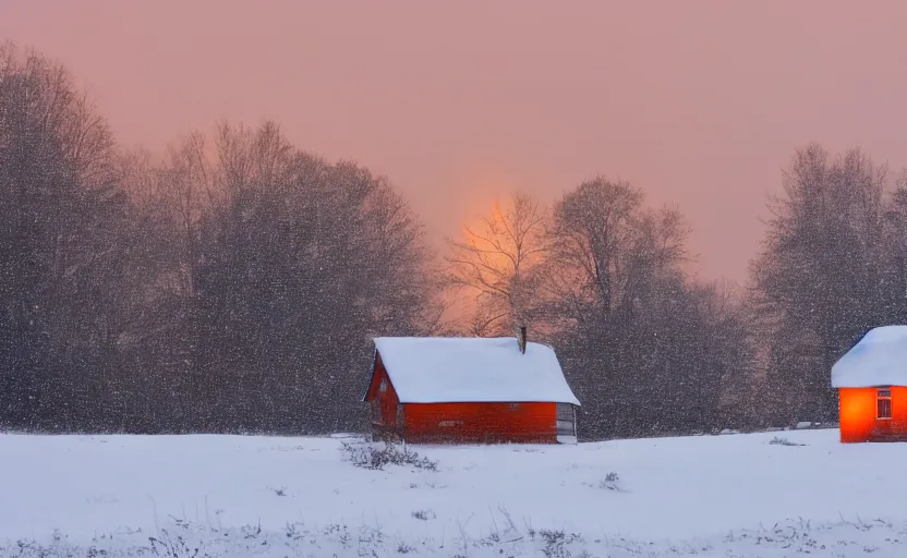 Image similar to Snowy Landscape with Blizzard and heavy snow, a Small shack in the distance with orange lights in the windows