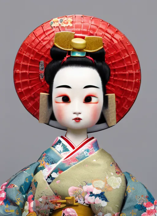 Image similar to closeup portrait of tin toy japan geisha kimono girl trap, depth of field, zeiss lens, detailed, symmetrical, centered, fashion photoshoot, by nicoletta ceccoli, mark ryden, lostfish, breathtaking, 8 k resolution, extremely detailed, beautiful, establishing shot, artistic, hyperrealistic, octane render