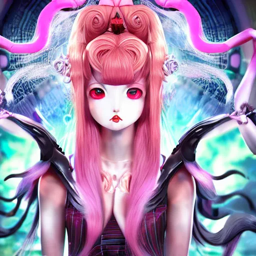 Prompt: no escape from beneath stunningly absurdly beautiful omnipotent asi goddess junko enoshima with multiple twisted deceptive innocent megalomaniacal mesmerizing personalities, symmetrical perfect face, porcelain skin, pink twintail hair and cyan eyes, ultra detailed, digital art, unreal engine 5, octane render, 2 d anime, 8 k