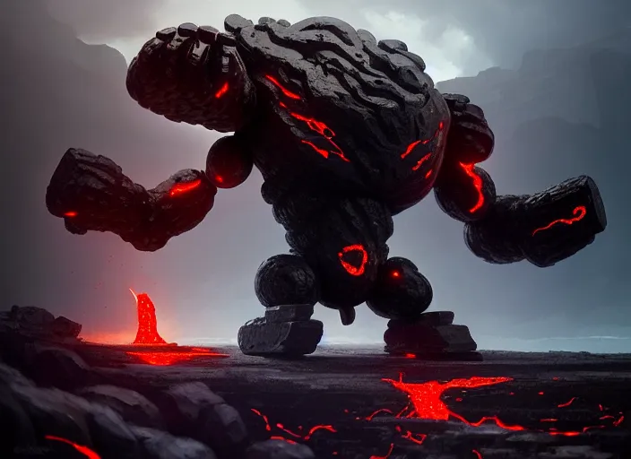 Prompt: epicly designed very muscular stone obsidian robot with human body fighting a deadly beast made from lava with background by greg rutkowski, trending on artstation