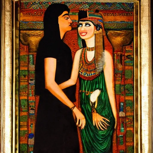 Image similar to an oil panting of cleopatra with her boyfiriend in egypt with fireworks