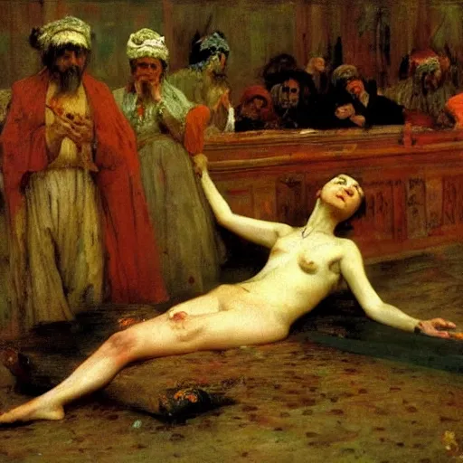 Image similar to the dream of the old tyrant, by ilya repin, oil on canvas, 1 8 8 3