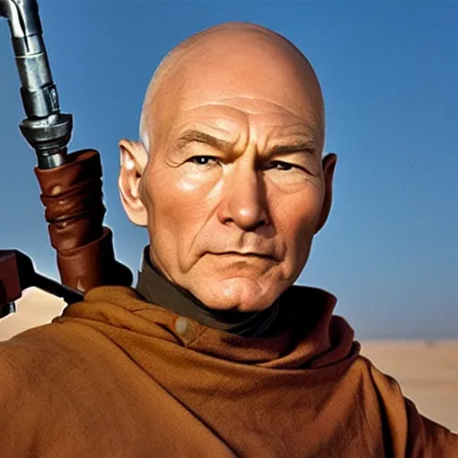 Image similar to patrick stewart as luke skywalker on tatooine