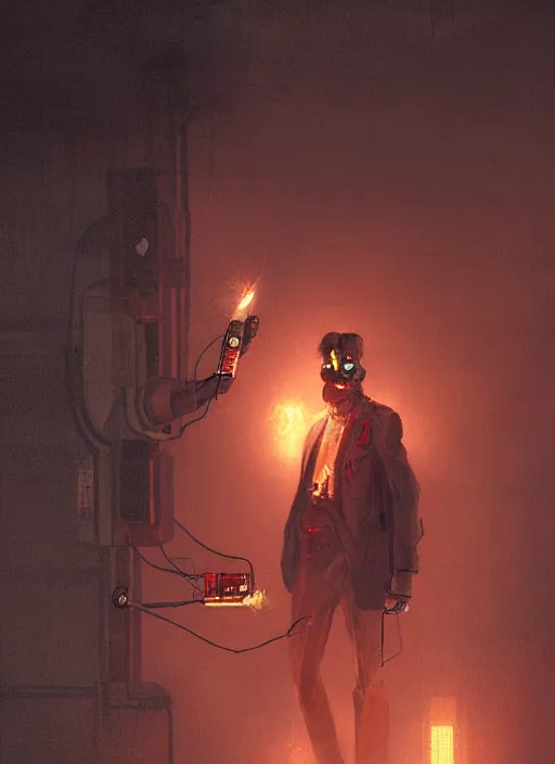 Prompt: a robotic man smoking a cigarette, cyberpunk, glowing lights, detailed artwork trending on artstation by greg rutkowski