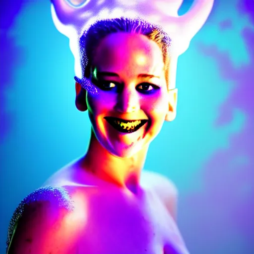 Image similar to smiling jennifer lawrence as the bride of frankenstein, macro photography, glowing retinas, fuscia cyan yellow white powder on face, national geographic