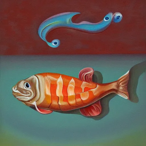 Prompt: surreal painting of a fish morphing into a sausage