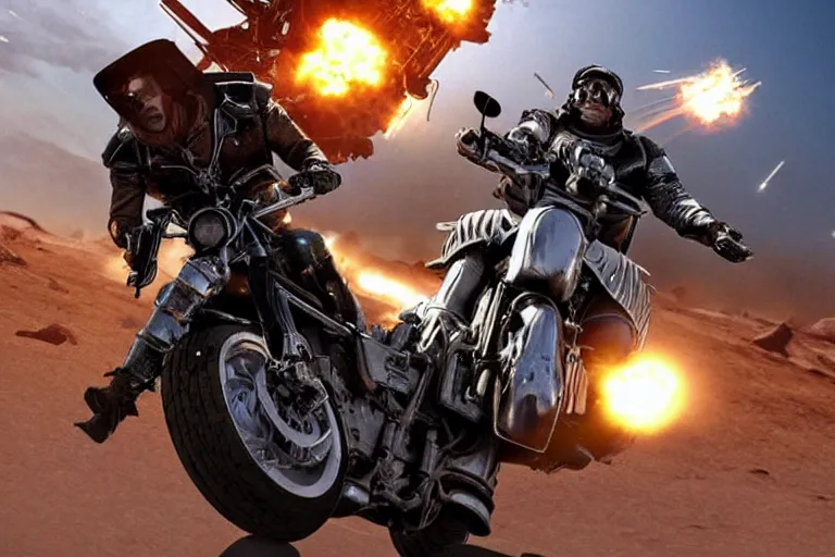 Image similar to mad max riding his interceptor in space, fighting mutants on space bikes, action - scene, very detailed, high octane