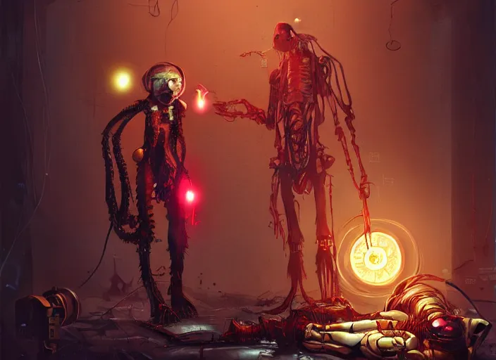Prompt: duotone dark ghastly scientist examine alien carcass, steampunk cyborg with sparky flare dark red. highly detailed mechanism cinematic lighting. golden ratio. accidental renaissance. by sachin teng and sergey kolesov and ruan jia and heng z. graffiti art, scifi, fantasy, hyper detailed. octane render. concept art. artstation