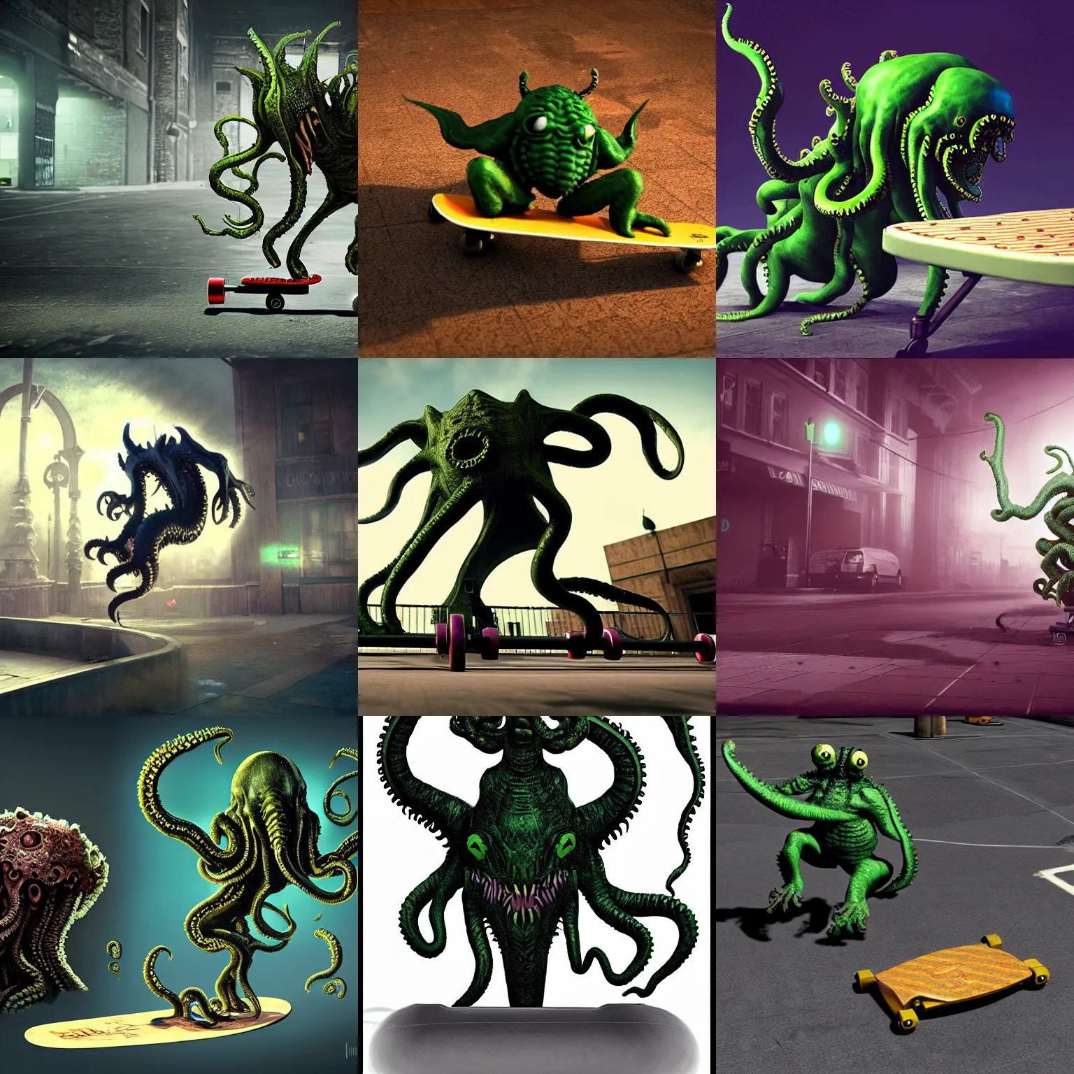 Prompt: lovecraftian horror cthulhu doing a kickflip on a skateboard, unreal engine, extremely detailed, concept art