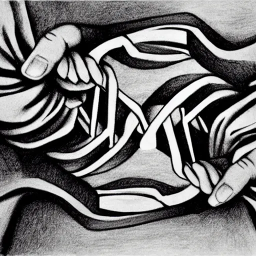 Image similar to M.C. Escher two hands drawing each other with a pencil, with the illusion of being real arms on the edge of the pages