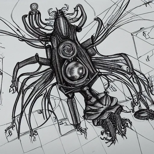 Prompt: drawing of a cyberpunk insectoid underwater alien and its minions, retro technology, leonardo da vinci style