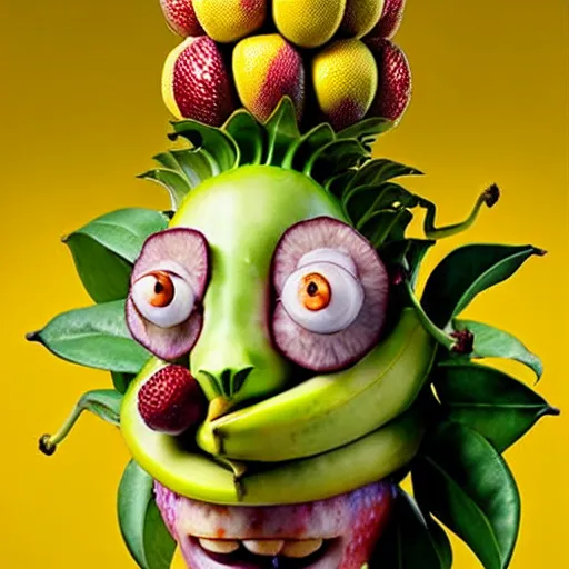 Image similar to banana dryad, megan fox editorial by malczewski and arcimboldo, fruit dryad sculpture by arcimboldo, stil frame from'cloudy with a chance of meatballs 2'( 2 0 1 3 ) of banana dryad, banana hybrid megan fox editorial by arcimboldo, banana 🍌