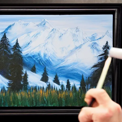 Image similar to a closeup photorealistic photograph of bob ross working on a canvas painting of marilyn manson. happy trees, mountain scape. film still. brightly lit scene. this 4 k hd image is trending on artstation, featured on behance, well - rendered, extra crisp, features intricate detail, epic composition and the style of unreal engine.
