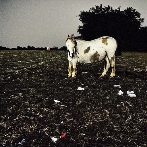 Prompt: “nighttime photograph of scarecrow cowboy and white pony standing in an empty field littered with trash and garbage while fireworks go off in the sky raining glowing burning embers falling from the night sky. Flash photo. 35mm. Cursed image.”