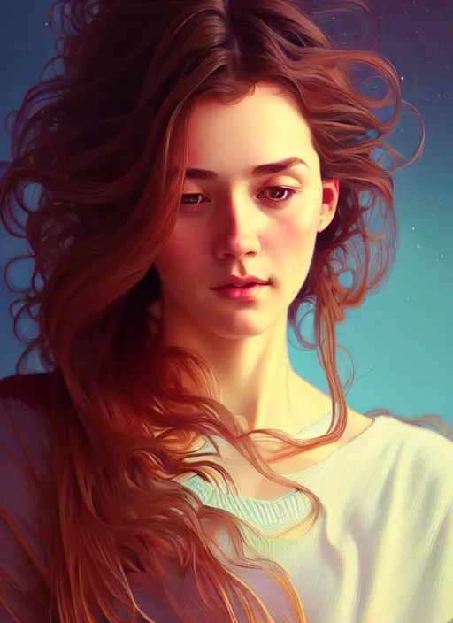 Image similar to handsome young women with shoulder length brown hair, half body shot, path traced, highly detailed, high quality, digital painting, alena aenami, lilia alvarado, shinji aramaki, karol bak, alphonse mucha, tom bagshaw