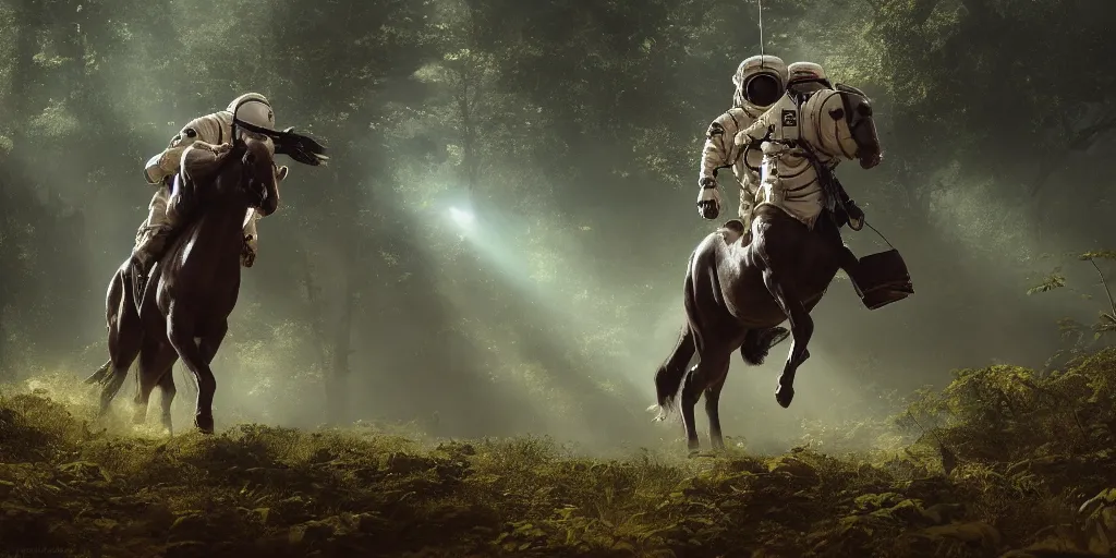 Image similar to american astronaut in an indian forest riding a beautiful stallion, plants environment, furious action scene, wide angle, cinematic lighting, atmospheric, ultrarealistic, trending on artstation, cgsociety, highly detailed, color graded, in the style of craig mullins, rendered in Unreal Engine 4k HQ, horizon forbidden west