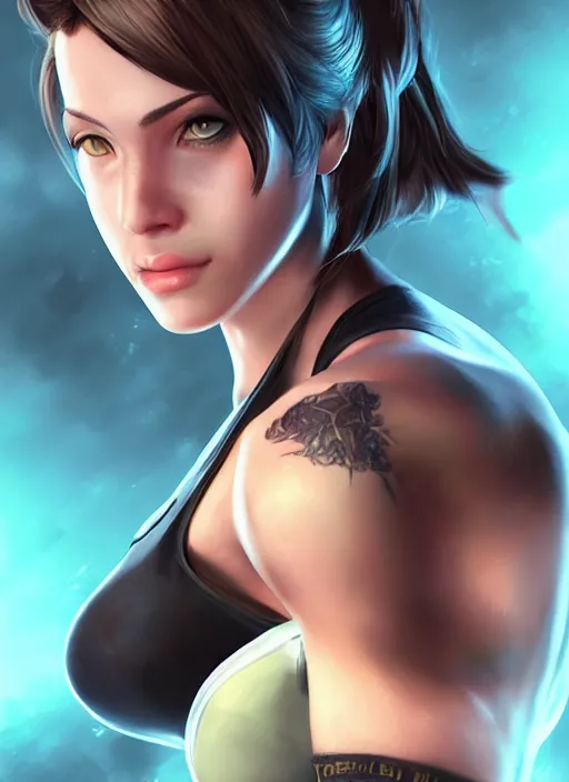 Image similar to beautiful portrait of a gorgeous personal trainer who looks like Jill Valentine , character design by Ross Tran, artgerm detailed, soft lighting