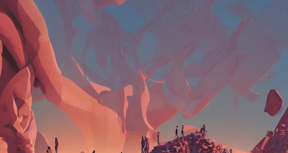 Prompt: digital painting of tiny people walking at the base of a beautiful massive female statue surrounded by dreamy coral, syd mead, cell shaded graphics, concept art, minimalist, golden ratio