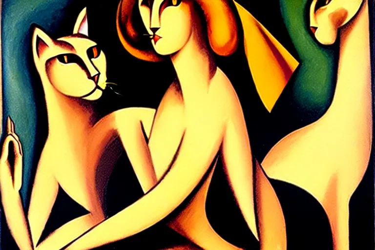 Prompt: two cats, an art deco painting by tamara lempicka, featured on deviantart, figurative art, art deco, detailed painting, airbrush art