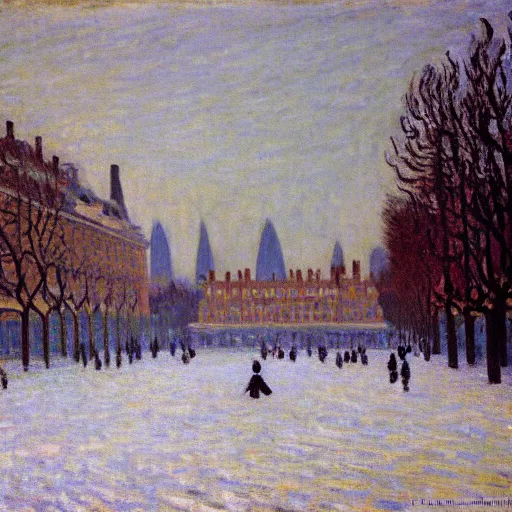 Prompt: London in snow by Kazimir Malevich and Claude Monet, oil on canvas