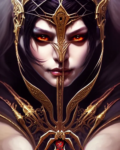 Image similar to portrait of spiderwoman, intricate ornate details, fantasy, elegant, highly detailed, digital painting, artstation, concept art, smooth, sharp focus, illustration, artbook, splash art, promo art, soul calibur, league of legends, art by artgerm and greg rutkowski and bo chen and jin xiaodi