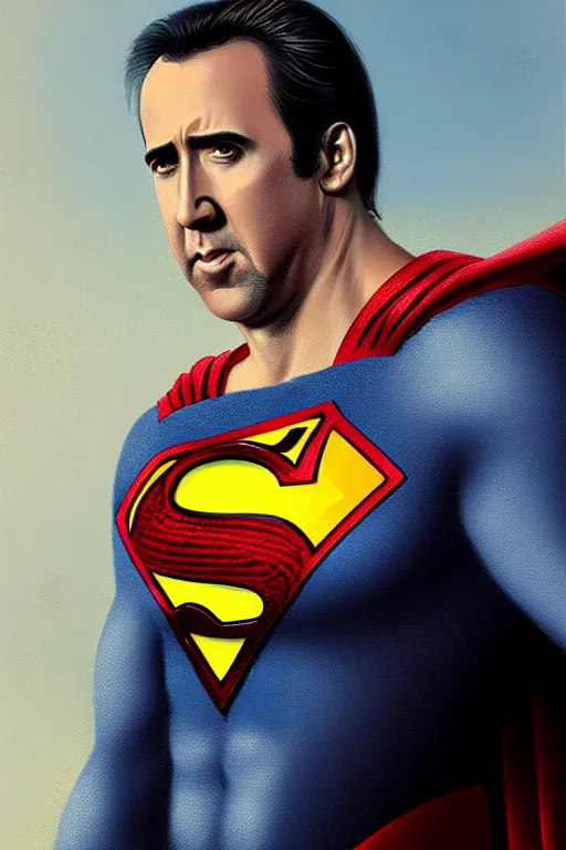 Image similar to portrait of nicolas cage as superman looking away from the camera, intricate, extremely detailed digital painting by greg rutkowski, artstation