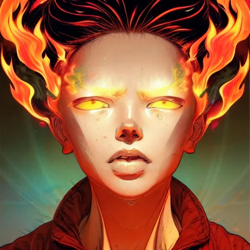 Image similar to prompt : flames portrait soft light painted by james jean and katsuhiro otomo and erik jones, inspired by evangeleon anime, smooth face feature, intricate oil painting, high detail illustration, sharp high detail, manga and anime 1 9 9 9