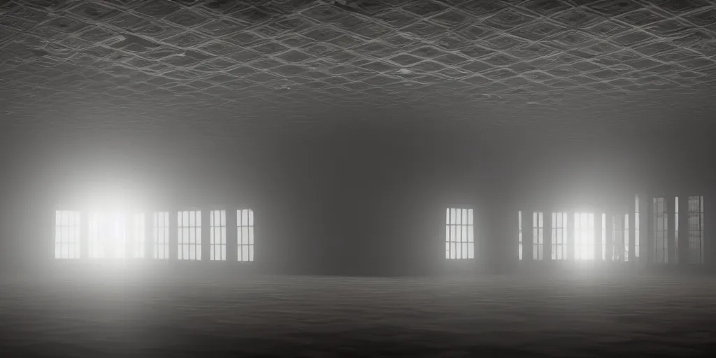 Image similar to a long angle shot of a big dark room with white lights on the celling, detailed, unreal engine, 4 k, dark, moody, foggy