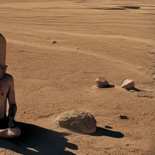 Prompt: mike ehrmantraut meditating in the desert