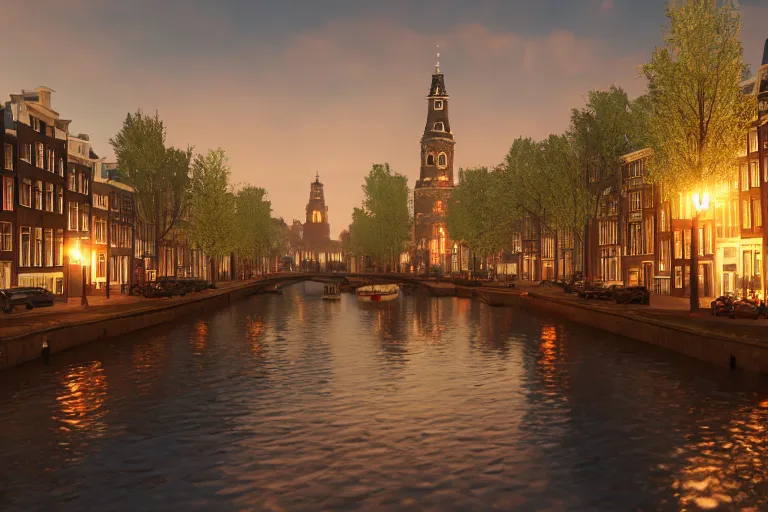 Prompt: a beautiful promotional screenshot of amsterdam at night in the video game assassins creed. 3 d render, unreal engine