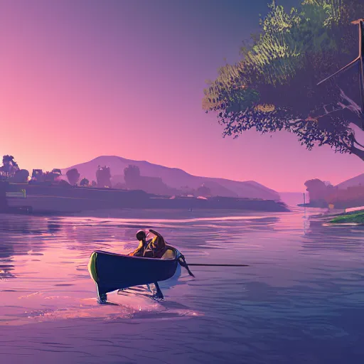 Prompt: A Grand Theft Auto 5 cover style illustration, extremely detailed featuring a river in Europe, surrounded by trees and fields. A dinghy is slowly moving through the water. Nighttime.