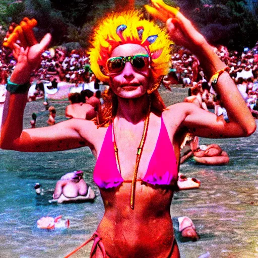 Image similar to expired fuji film photograph portrait of retro psychedelic hippy bikini queen dancing in arambol at shiva valley from 1 9 8 0, hyperrealism, photorealism, imax quality, 8 k