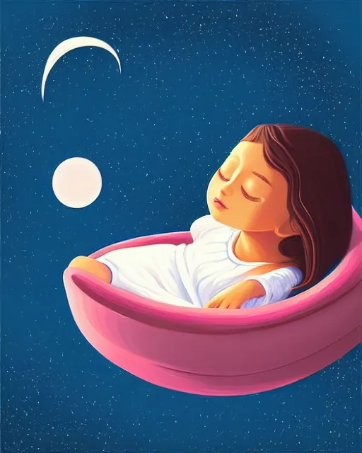 Prompt: beautiful painting of little girl sleeping on her flying bed, art by petros afshar, sky night, illustration, highly detailed, simple, smooth and clean vector curves, no jagged lines, vector art, smooth, artstation