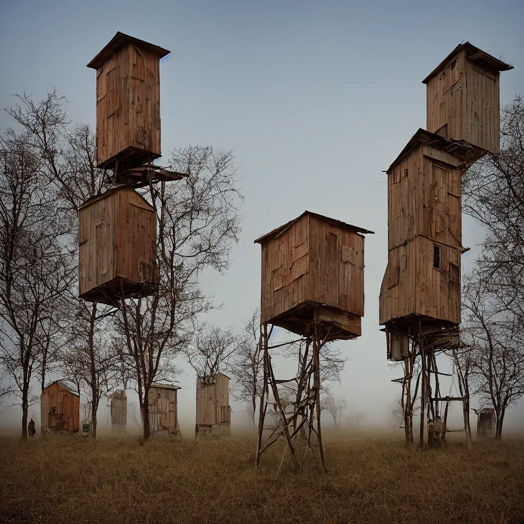 Image similar to two high towers, made up of makeshift squatter shacks with faded colours, plain uniform sky at the back, uneven fog, mamiya, fully frontal view, ultra sharp, very detailed, photographed by julie blackmon