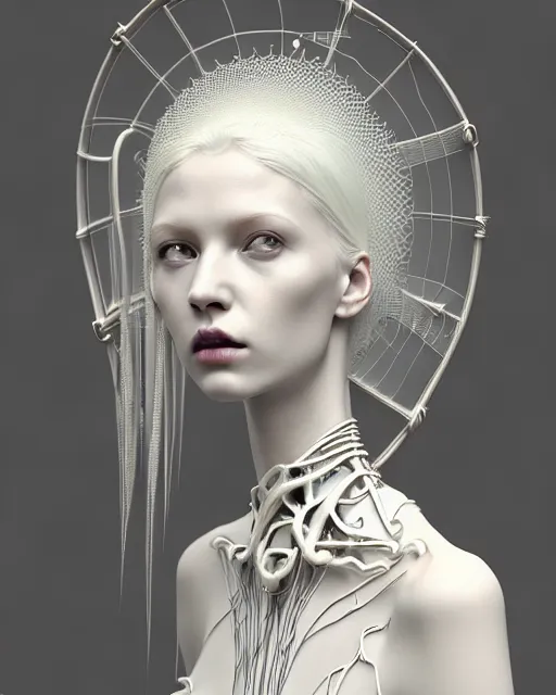 Prompt: dreamy soft luminous bw 3 d octane render, beautiful spiritual angelic biomechanical albino girl cyborg with a porcelain profile face, very long neck, rim light, big leaves and stems, roots, fine foliage lace, alexander mcqueen, art nouveau fashion embroidered collar, steampunk, silver filigree details, hexagonal mesh wire, mandelbrot fractal, elegant