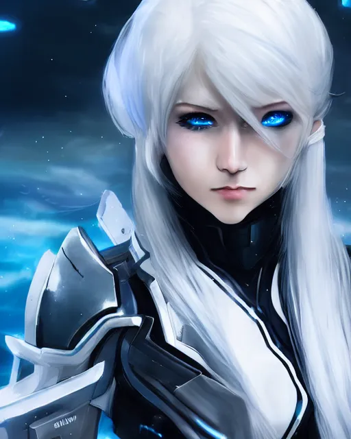 Image similar to perfect white haired girl, warframe armor, beautiful, dreamy, half asian, pretty face, blue eyes, detailed, windy weather, scifi platform, laboratory, experiment, 4 k, ultra realistic, epic lighting, cinematic, high detail, masterpiece, akihito tsukushi