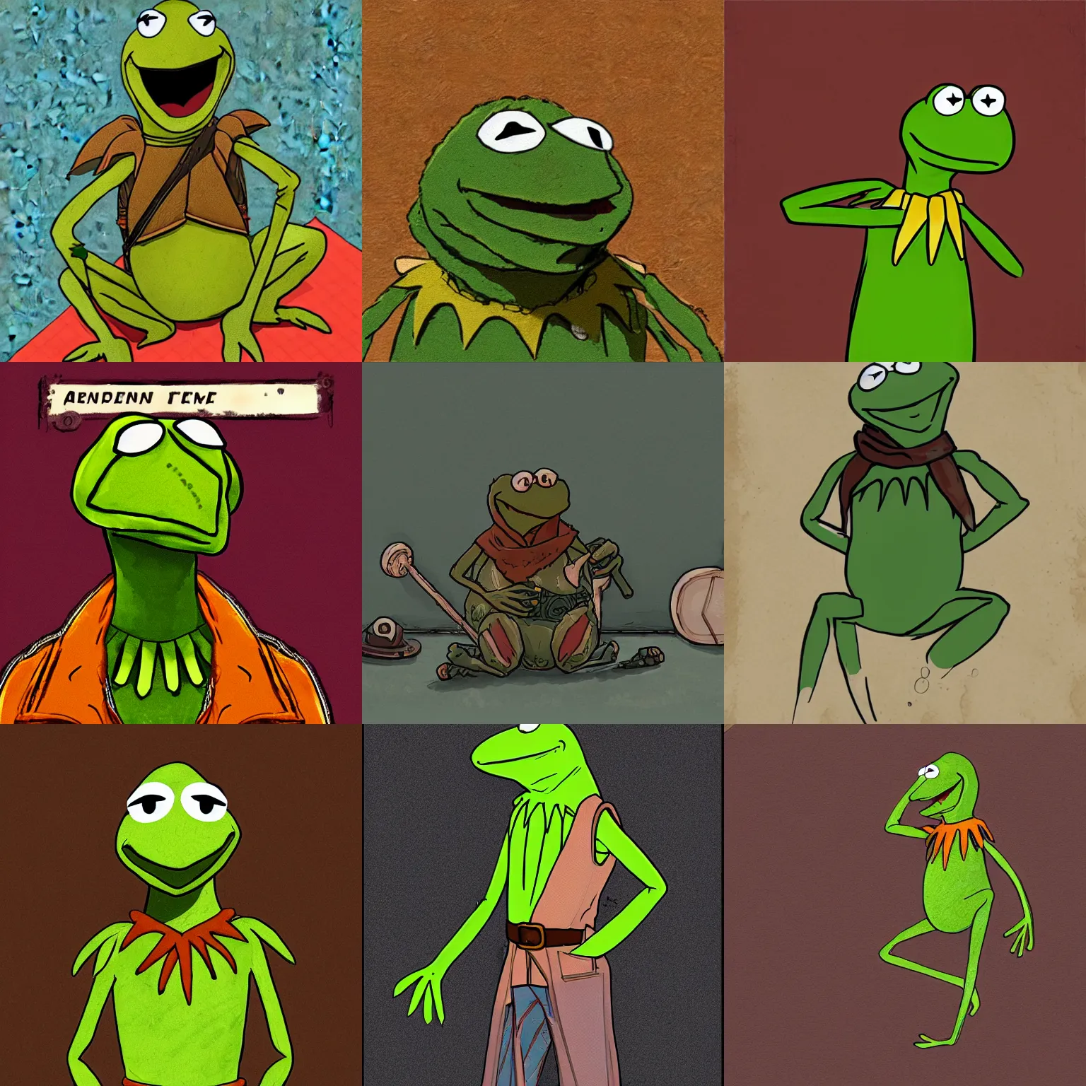 Prompt: kermit illustrated in the style of disco elysium